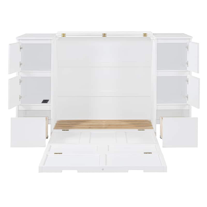 Modern Style Murphy Bed with Drawers, Cabinets and USB Ports for Bedroom