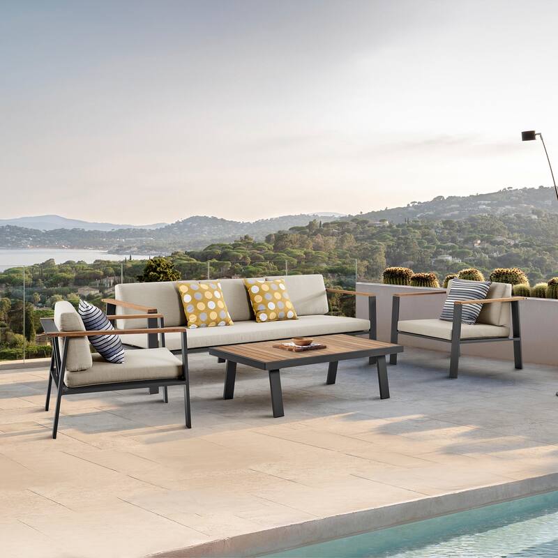 Nofi Aluminum and Solid Teak Wood Outdoor Patio 4 Piece Conversation Set with Olefin Cushions