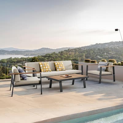 Nofi Aluminum and Solid Teak Wood Outdoor Patio 4 Piece Conversation Set with Olefin Cushions