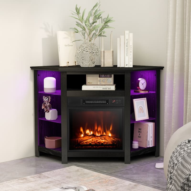 Electric Fireplace Corner TV Stand with LED Lights and Adjustable Glass Shelves - 45" x 22" x 30"