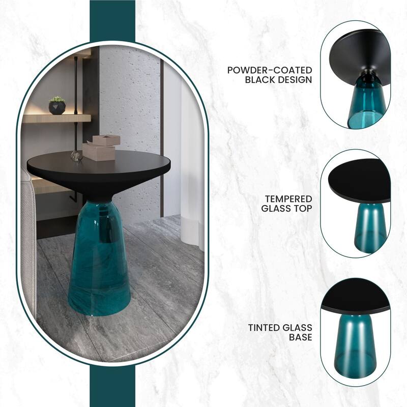 19-Inch Side Table Round Glass/Stone Tabletop End Table with Black Iron Rim and Glass Base