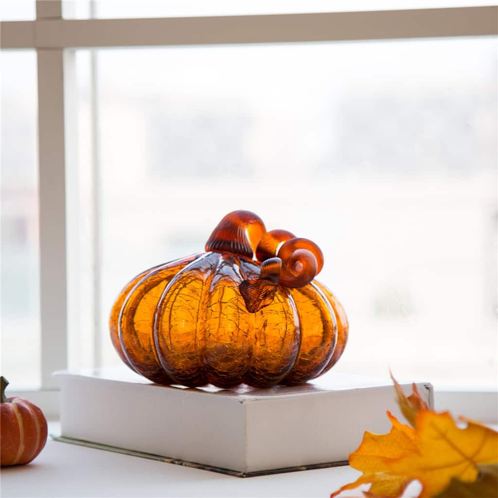 Glitzhome Amber Crackle Handblown Glass Pumpkins for Fall Harvest Thanksgiving Decoration
