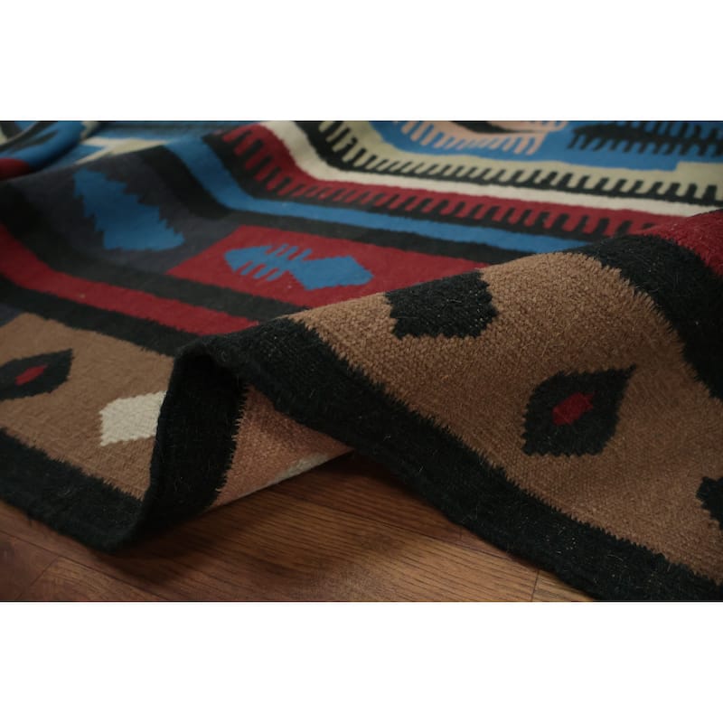 Hand Woven Oriental 100% Wool Carpet Southwestern Tribal Navy Blue & Blues Kilim Area Rug - 9' 11'' X 5' 4''
