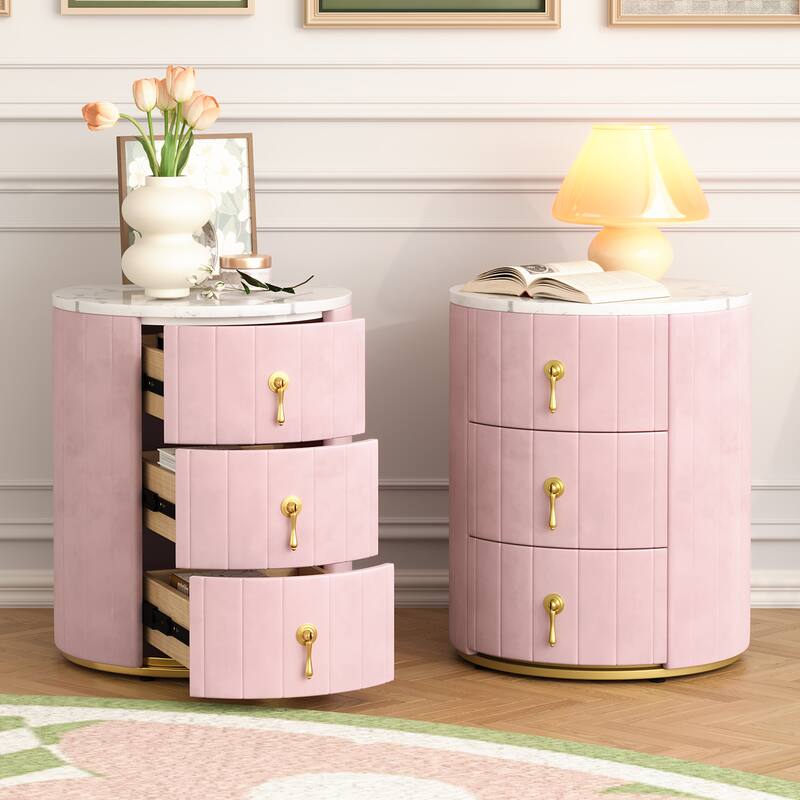 Set of 2 Upholstered 3-Drawer Nightstands - Round Marbling Top Bedside Table (Fully Assembled Except Handles, Pink)