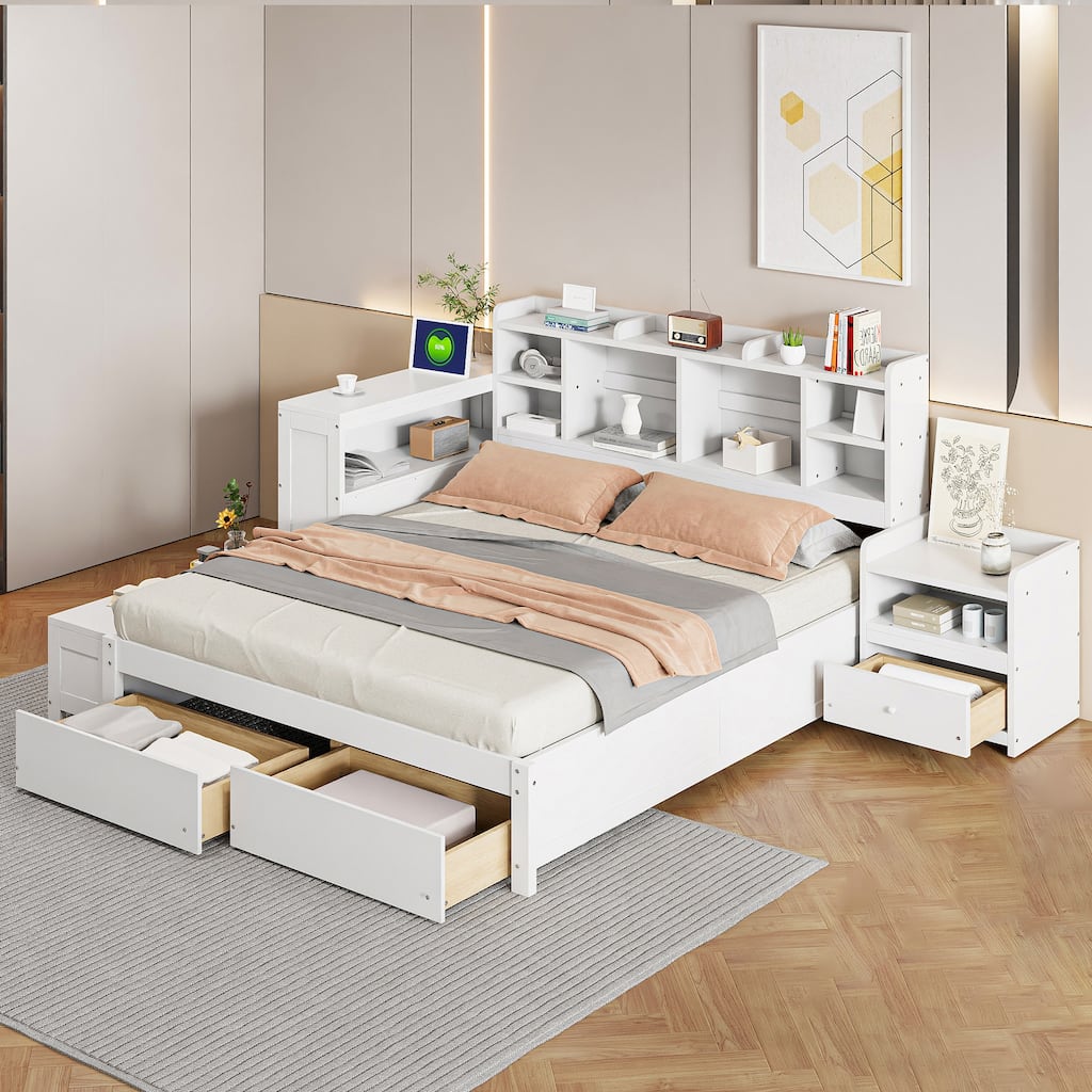 Full Size Wooden Platform Bed Frame with Nightstand, 2 Drawers Desk, Floor-Standing Bed Frame with Wood Slats Support