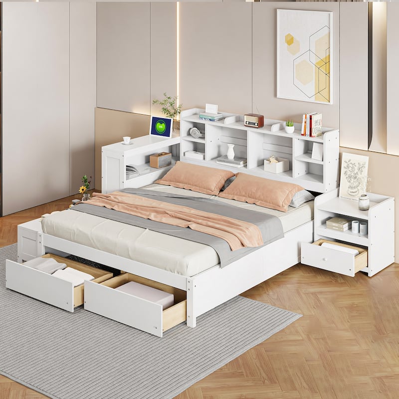 Full Size Wooden Platform Bed with Desk, Nightstand, Storage Drawers, USB Ports, and Headboard Storage - White