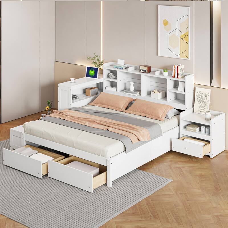 Full Size Wooden Platform Bed with Storage Headboard, Integrated Desk, Nightstand, and USB Ports for Modern Living - White