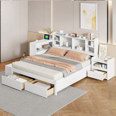Full Size Wooden platform bed with Multi-functional Storage Space, Nightstand, 2 Drawers, USB Ports and Desk