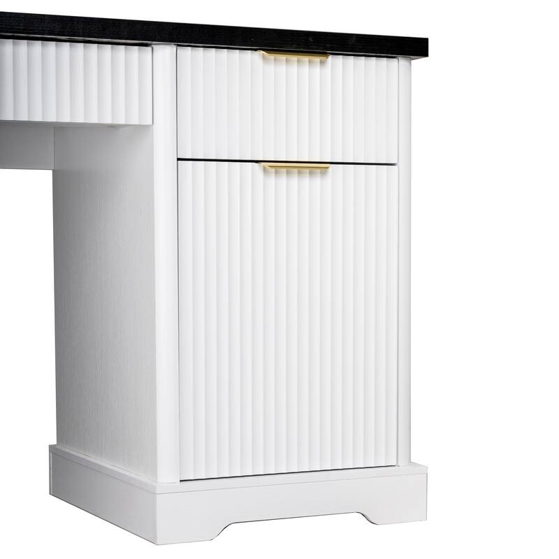 Roomfitters 55" Modern Fluted Office Desk with Charging Station, Storage Cabinet & Pegboard