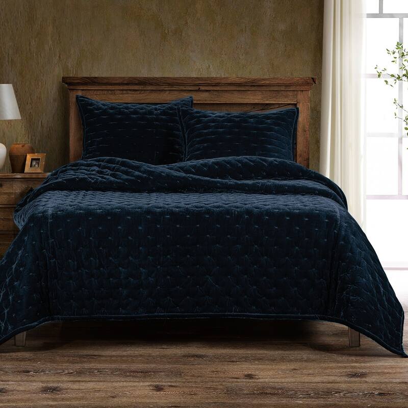 HiEnd Accents Stella Solid Color Faux Silk Velvet Romantic Modern Rustic 3 Piece Quilt Set with Pillow Shams - Midnight Blue - King