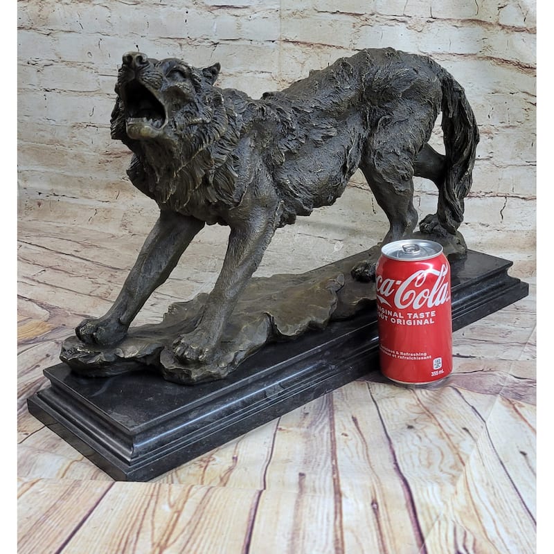 Fierce Wolf Howling Canine Bronze Sculpture Statue Art On Marble Base