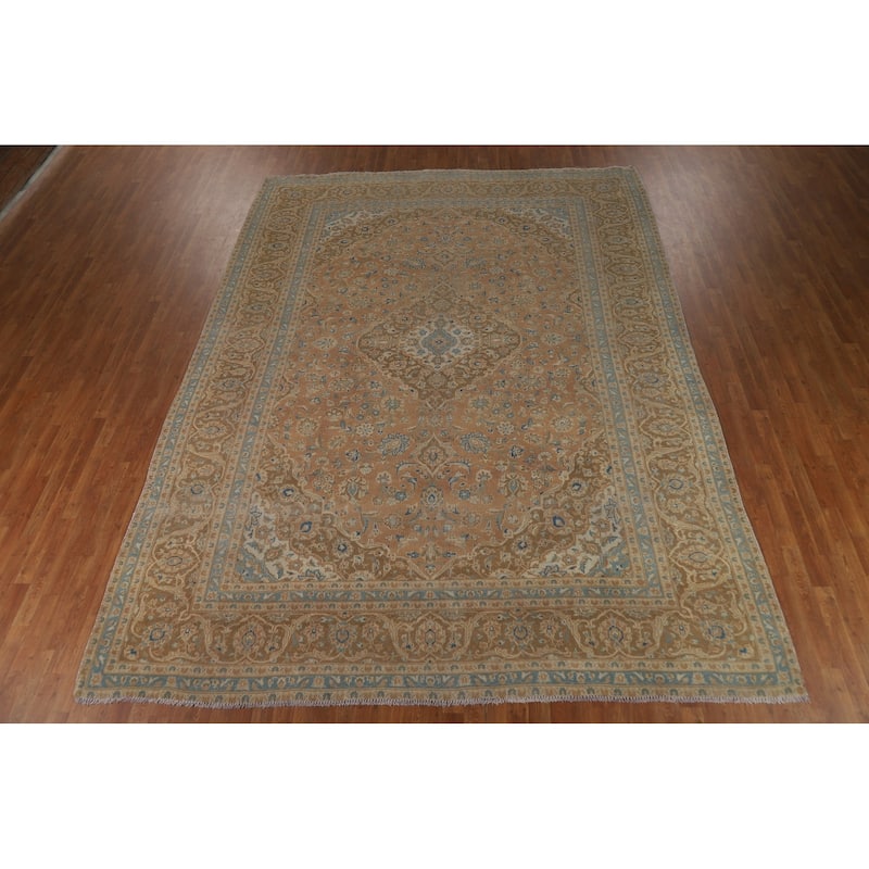 Traditional Mashad Persian Area Rug Handmade Floral Wool Carpet - 9'7" x 12'9"