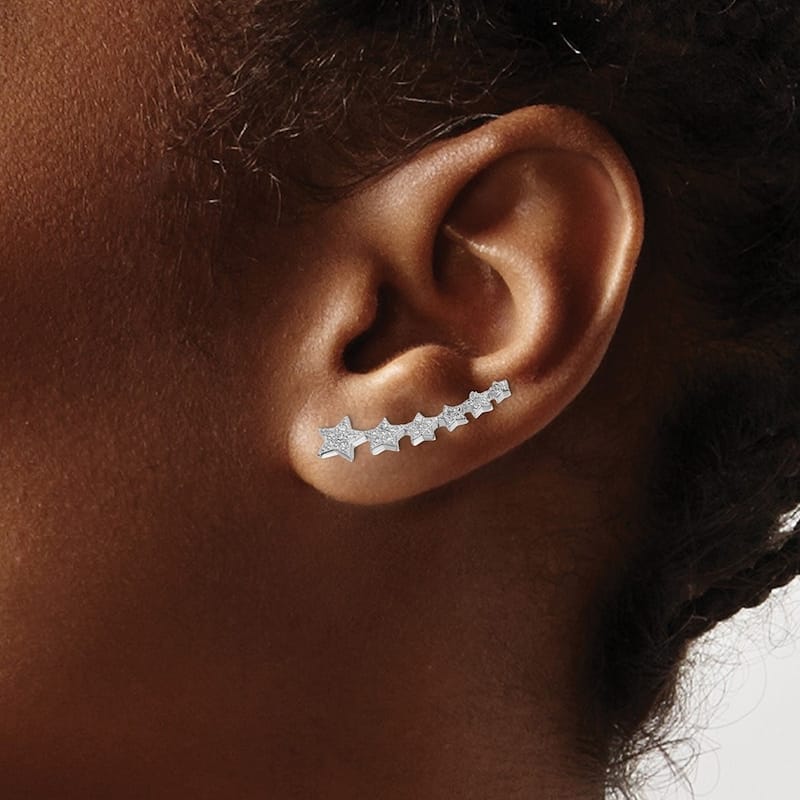 Curata 925 Sterling Silver Rhodium plated Graduating CZ Cubic Zirconia Stars Climber Earrings (6mm x 25mm)