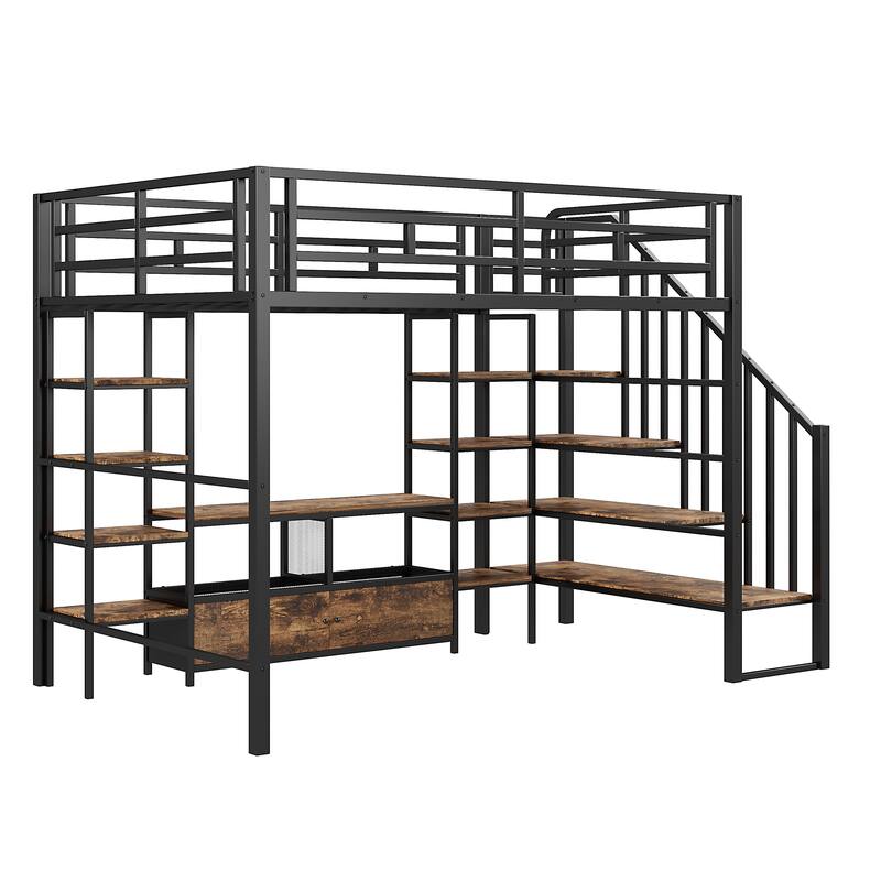 Full-Size Metal Loft Bed with Staircase, Built-In Low Storage Desk, and Multi-Tier Shelving for Space-Saving Versatility