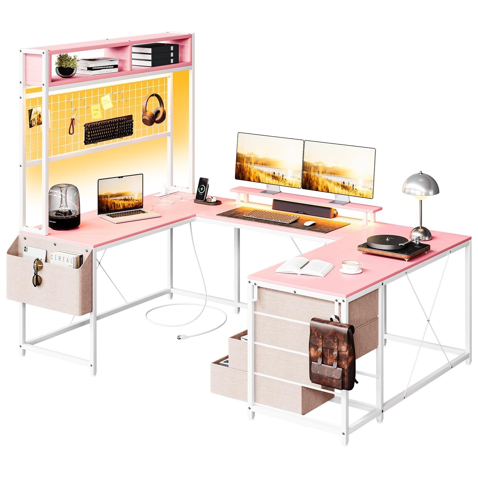 U Shaped Computer Desk with Monitor Stand and LED Lights