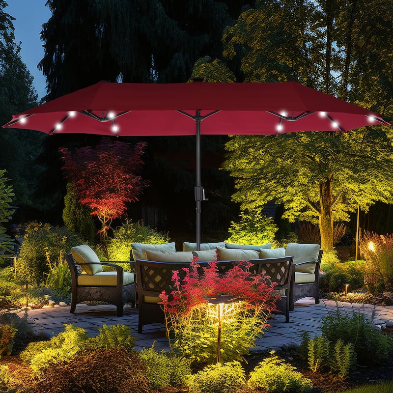 Autlaycil 13 ft Patio Umbrella with 36 Solar Lights & Crank System for Outdoor - Red
