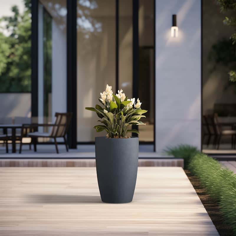 Tall Concrete Round Plant Pots / Large Indoor and Outdoor flower Planters - 14 Inch x 18.5 Inch - Granite Gray