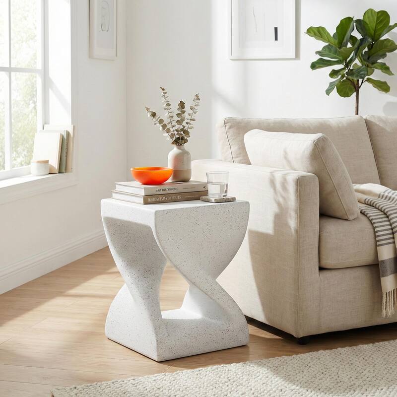 Outdoor White Marble Modern Twisted-Base Terrazzo-Speckled All-Weather MGO Side Table, Indoor End Table for Home