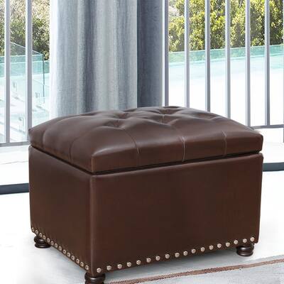 Adeco Tufted Bottom Bonded Leahter Brown Rectangle Storage Ottoman