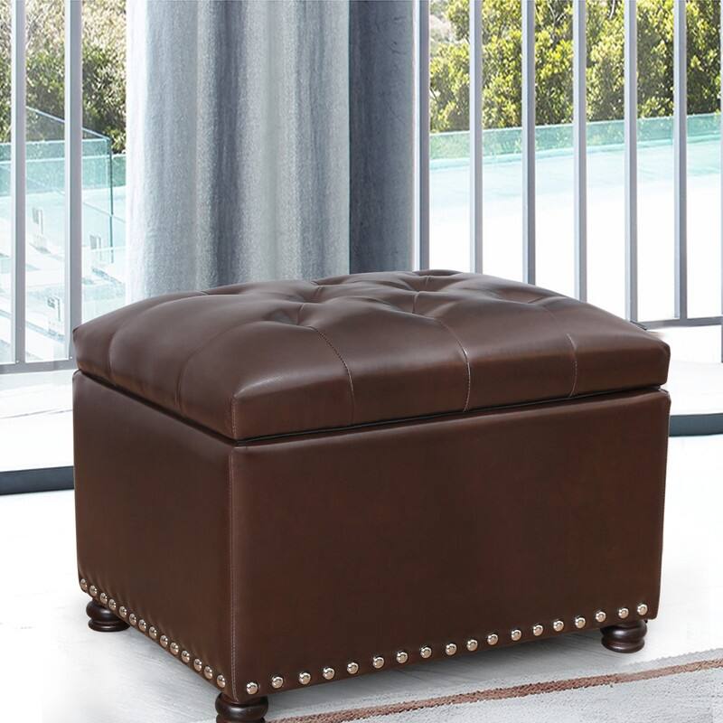 Adeco Tufted Bottom Bonded Leahter Brown Rectangle Storage Ottoman