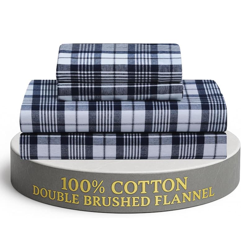 Feather & Stitch Cotton Flannel Sheets Set 4 Piece Bed Sheets Heavy Weight Bedding - Twin - Blue Plaid