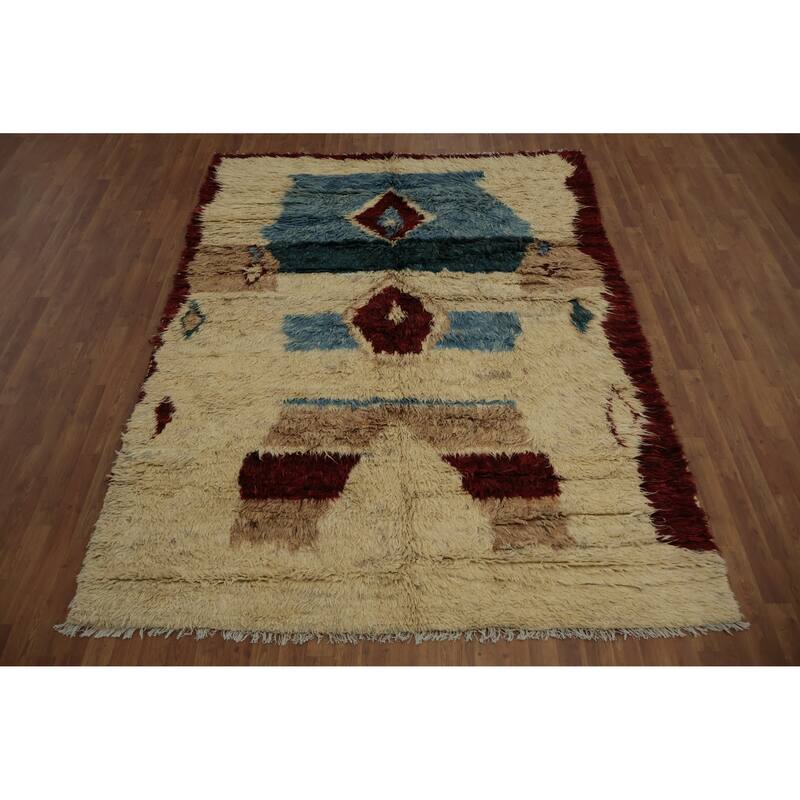 Hand Knotted Oriental 100% Wool Carpet Modern Tribal Beige & Ivories Moroccan Area Rug - 9' 4'' X 6' 9''