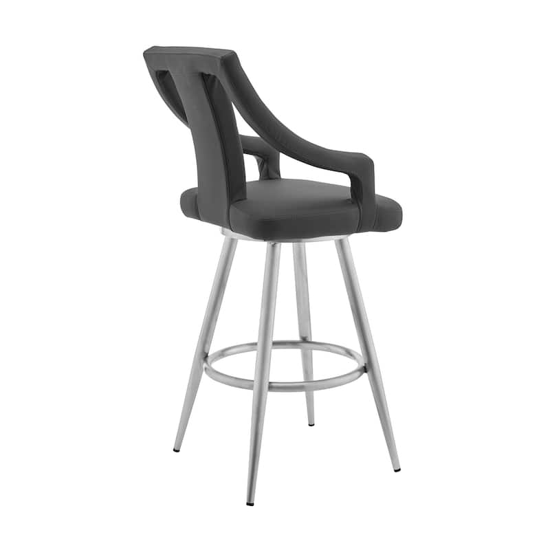 Grey Faux Leather Swivel Bar Chair with Arms, Footrest and Silver Frame