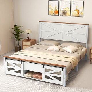 Moasis Farmhouse Queen/King Bed Frame with Sliding Barn Door Storage ...
