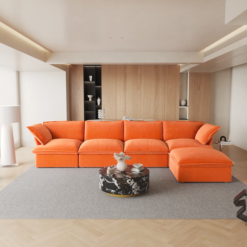 L-shaped 5-piece Wide Velvet Upholstery Sectional Sofa Couch with Storage Ottomans
