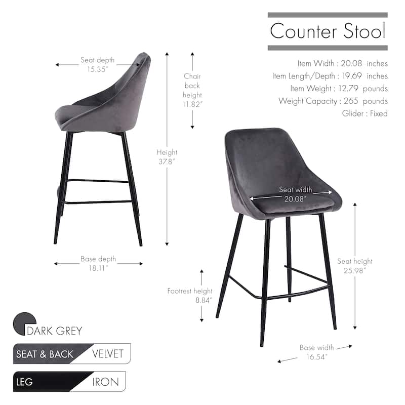 Porthos Home Uva Counter Stools Set of 2, Velvet Upholstery, Iron Legs