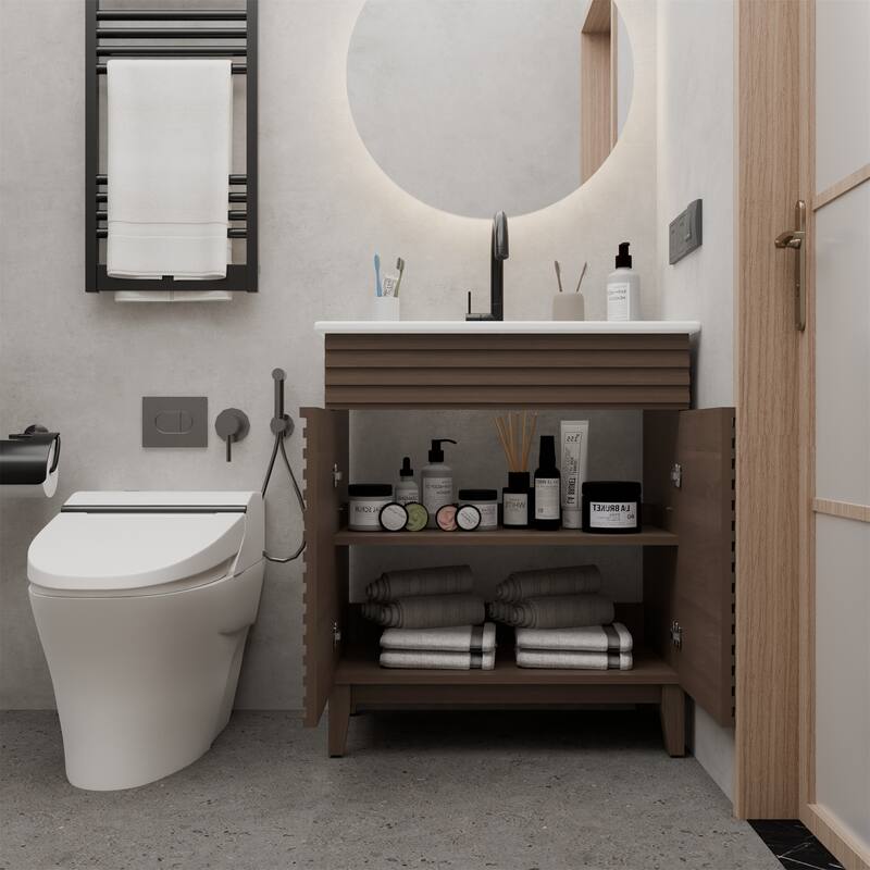 30-inch Brown Bathroom Vanity with Louvered Doors and Sink Combo - Antique Brown