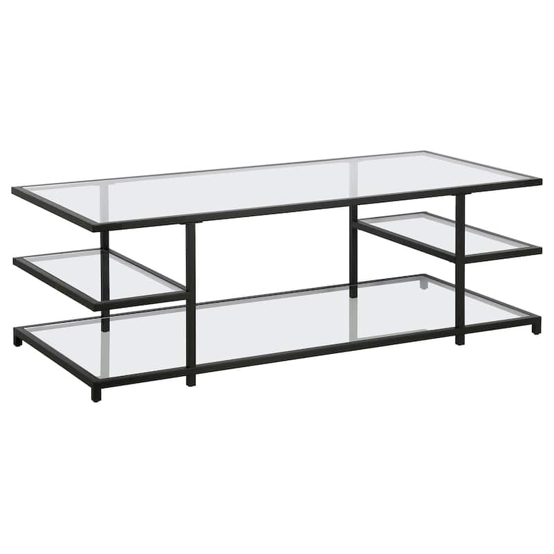 54" Modern Glass Coffee Table with Steel Base and 3 Storage Shelves Perfect for Living Room - 54"L x 24"W x 18"H - Black-Clear
