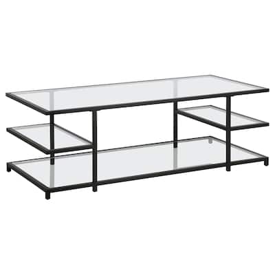 54" Modern Glass Coffee Table with Steel Base and 3 Storage Shelves Perfect for Living Room - 54"L x 24"W x 18"H
