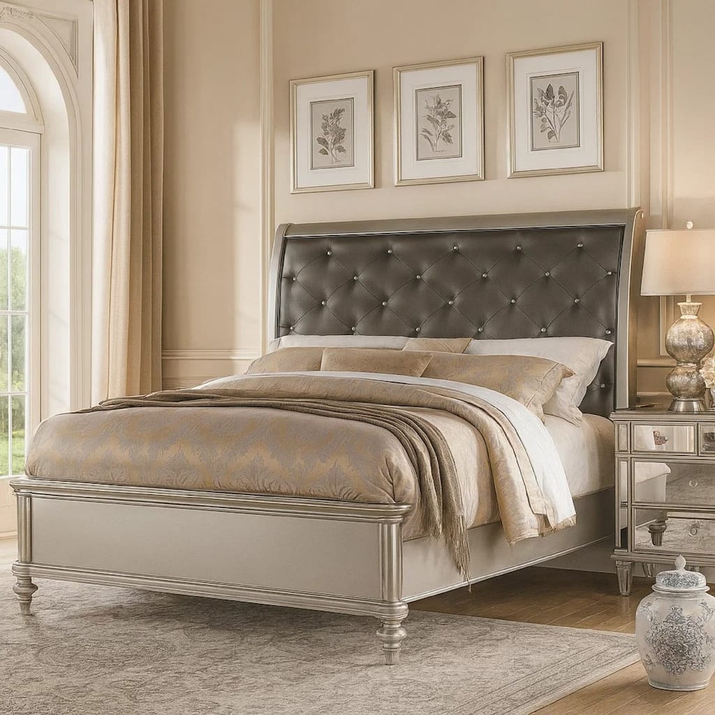 Opulent Wooden E.King Bed with Silver PU Tufted HB, Shinny Silver Finish