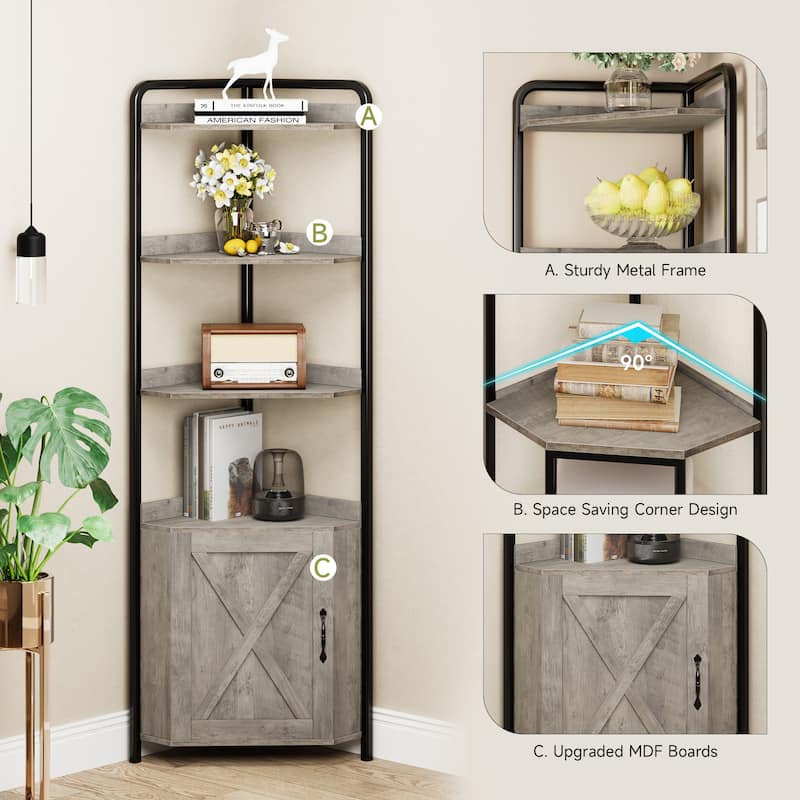 Industrial Tall Bookshelves Corner Shelf Cabinet Rustic Storage Rack for Living Room - 16.54"D X 70.87"H