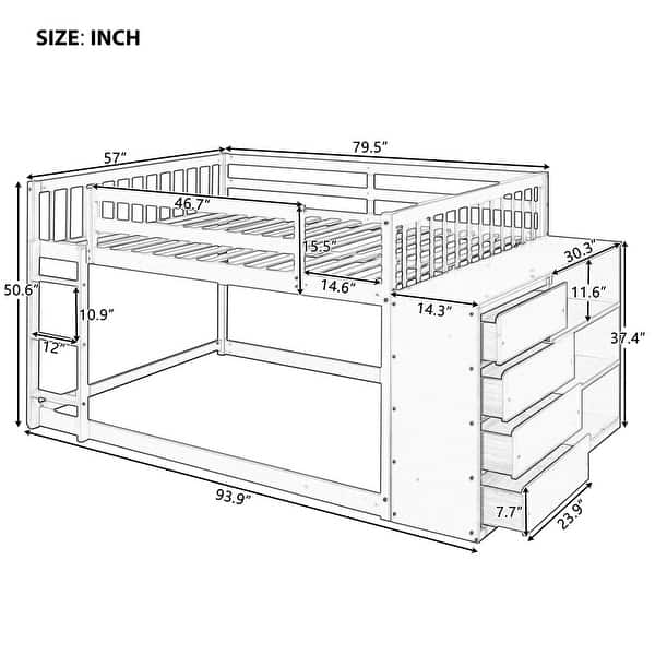 dimension image slide 0 of 2, Floor Bunk Bed with Movable Storage Cabinet, Solid Wood Bunkbeds Frame