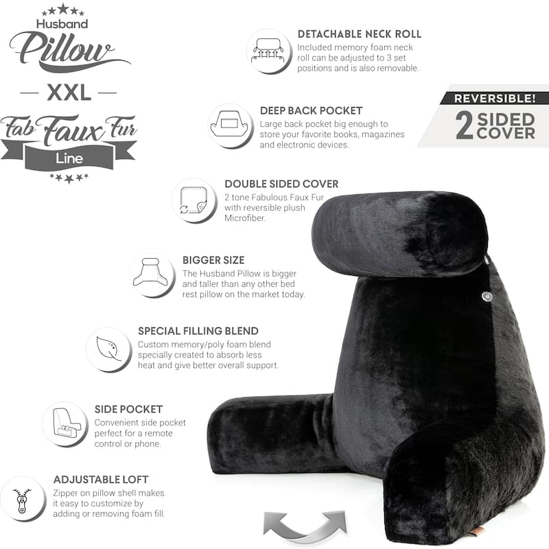 XXL Husband Pillow - Limited Baby Black Panther, Two-tone Reversible Double Sided Fabulous Faux Fur Bed Rest Pillow with Arm