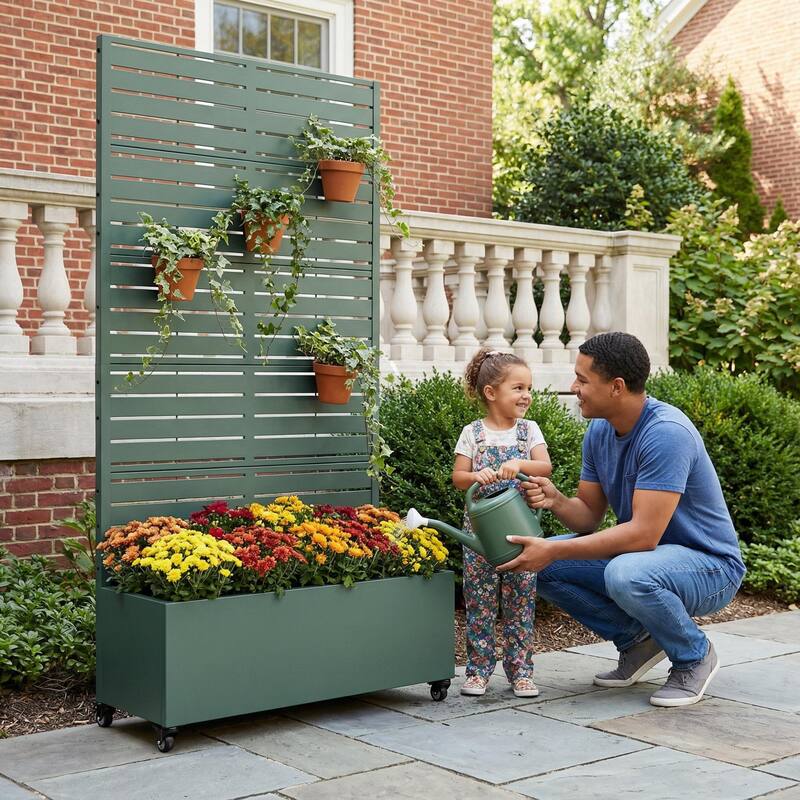 Raised Garden Bed Planter with Trellis Movable Planter Box with Lockable Wheels