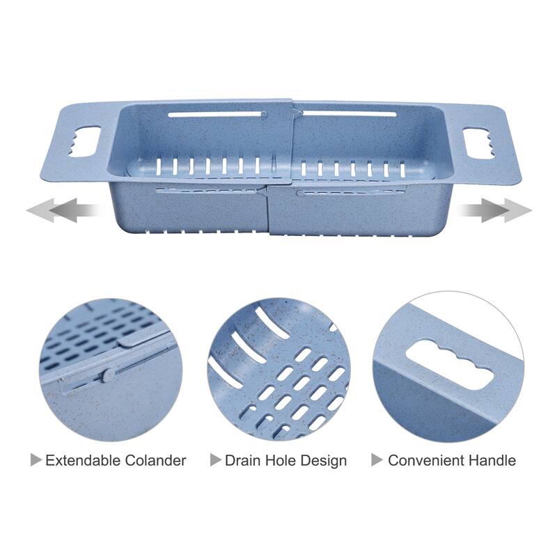 Extendable Over the Sink Strainer Fruit Vegetable Colander for Kitchen - Blue - 38cm x 19cm x 8cm