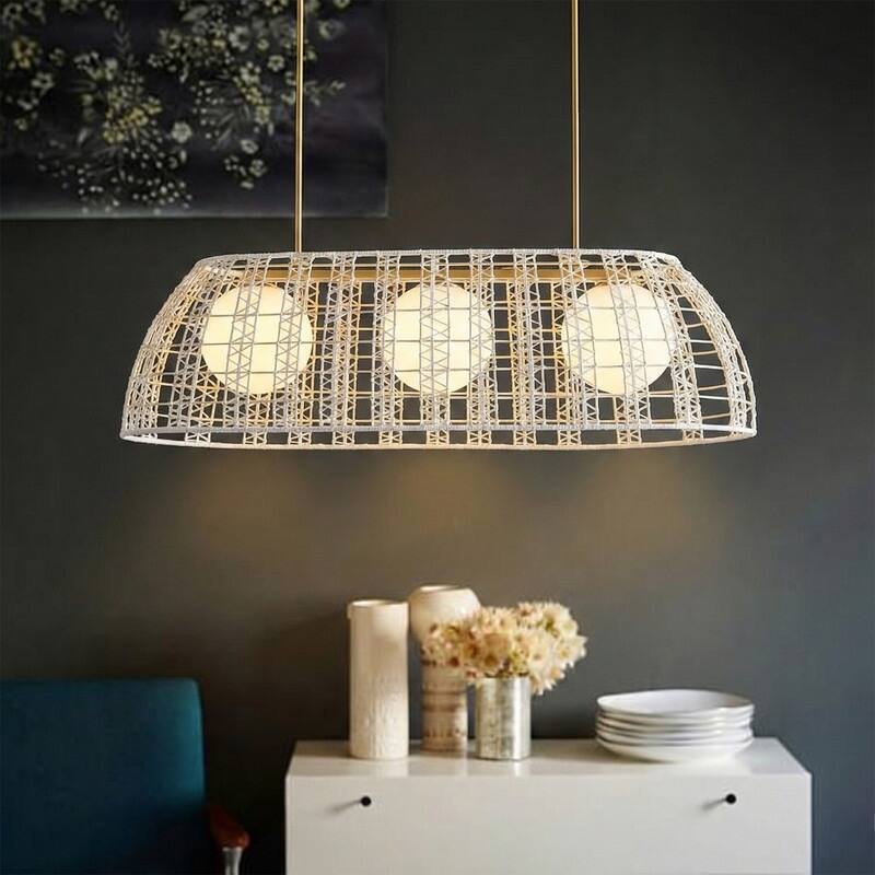 Modern White Cotton String Cage 3-Light Kitchen Island Pendant with Painted Gold Iron Frame