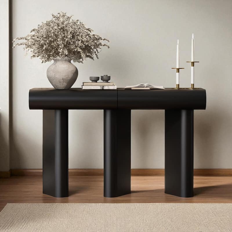 47.6" Modern Entryway Console Table with 2 Curved Drawers and Geometric Legs, Glossy Narrow Hallway Table - Black