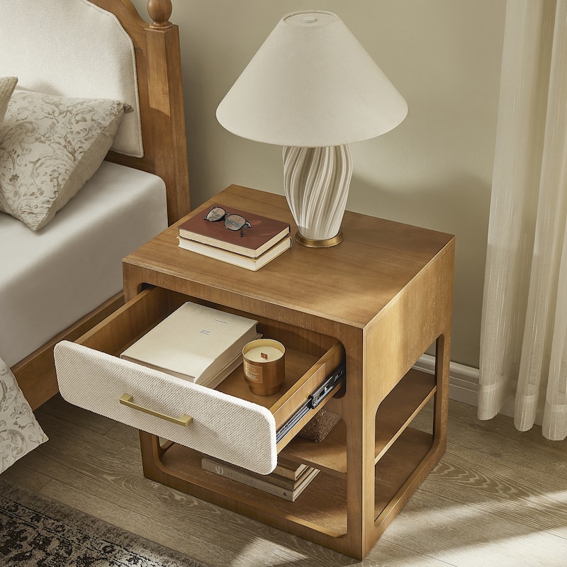 18" Modern Nightstand with Textured Fabric Drawer and 2-Tier Open Shelves