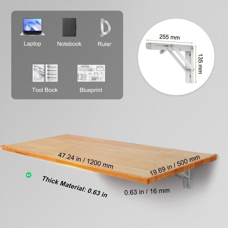 Natural Rubberwood Folding Desk, Wall Mount, 500 lbs Load Capacity and Space Saving