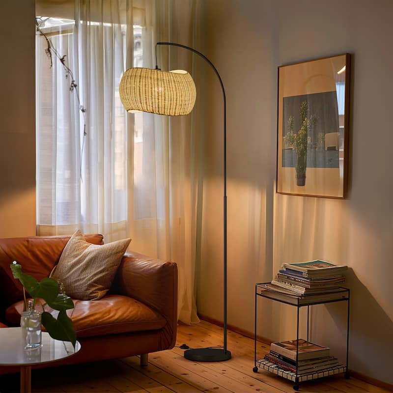 Brightech Wave Pendant 78" Classic Matte Black Mid-Century 9W 800Lm 3000K LED Modern Arc Floor Lamp With Beige Rattan Drum Shade
