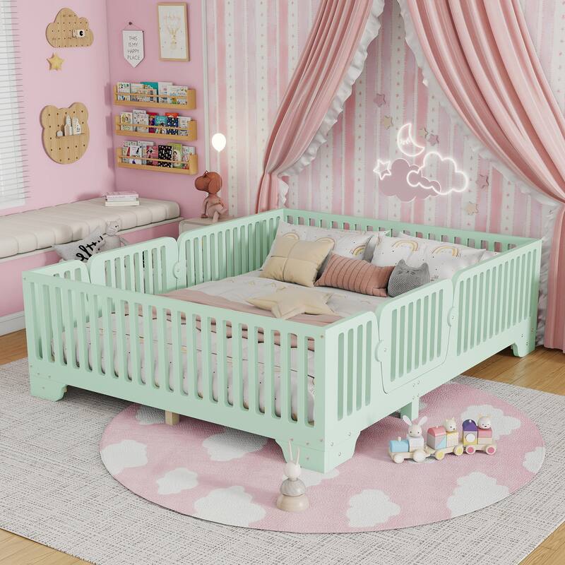 Full/Twin Montessori Floor Bed with Slats, Fence and Door, No Box Spring Needed - Green - Full