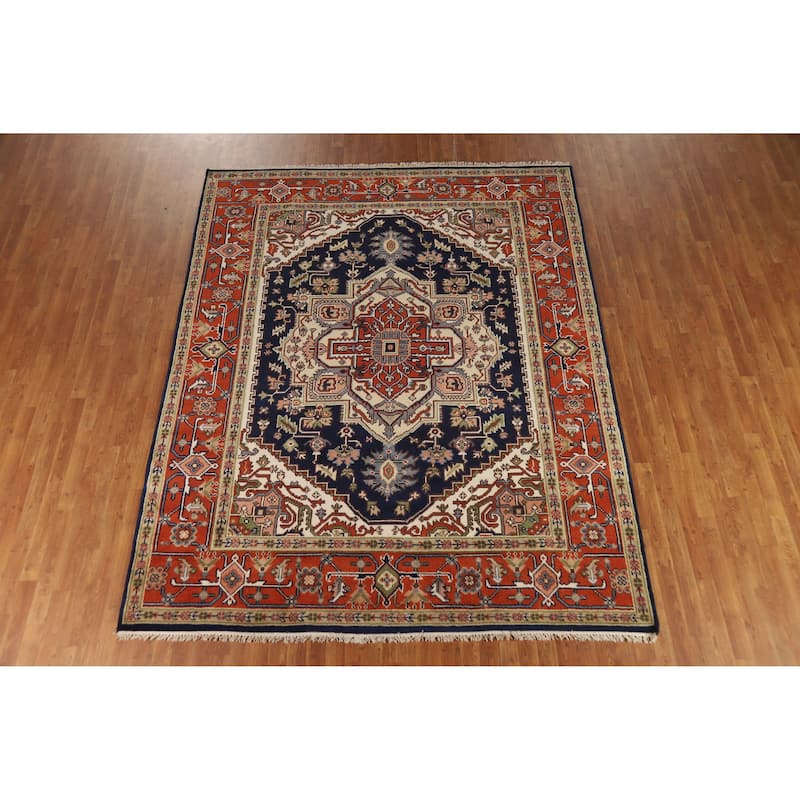 Hand Knotted Oriental 100% Wool Carpet Traditional Medallion Navy Blue & Blues Heriz (serapi) Area Rug - 10' 0'' X 7' 11''