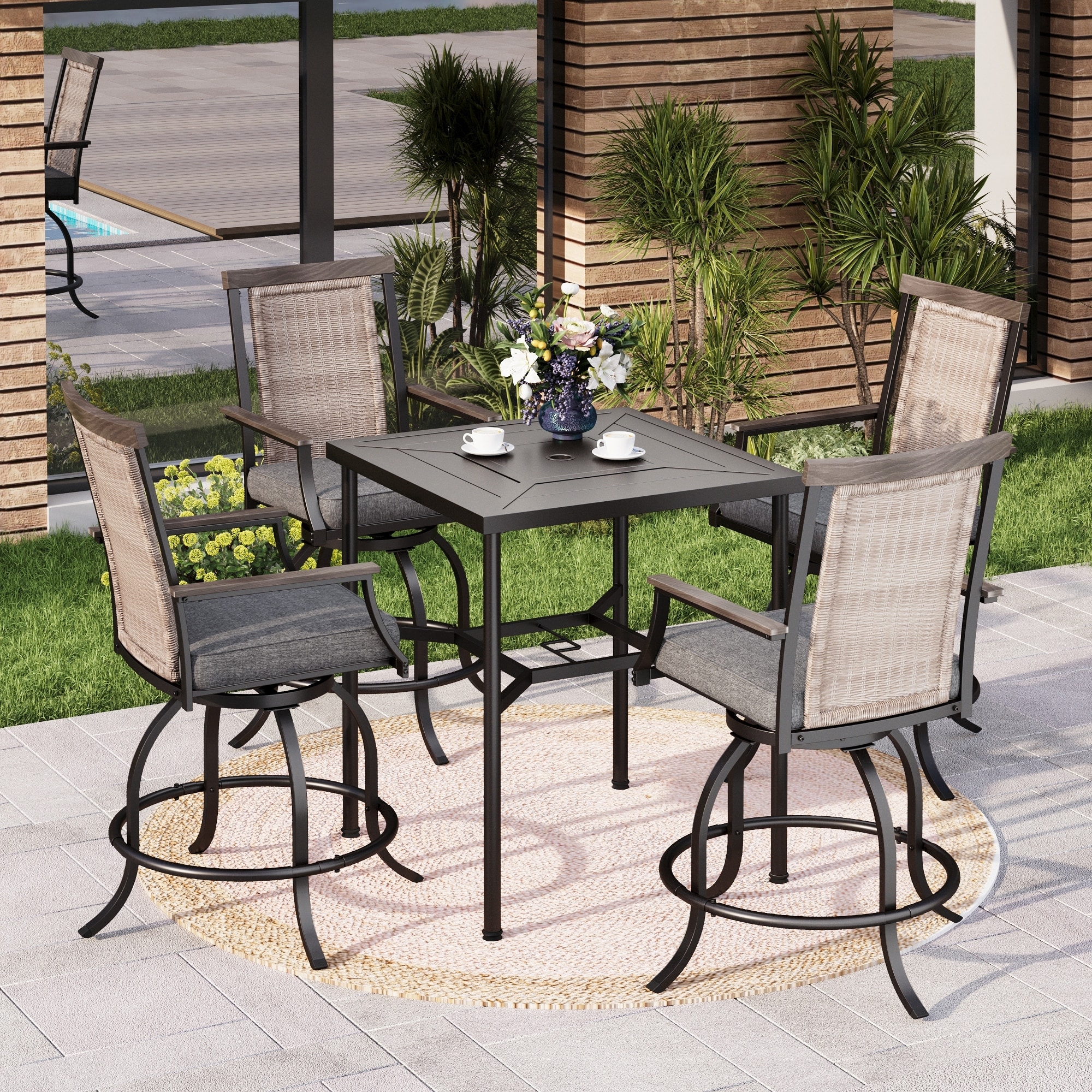 MAISON ARTS Patio Bar Stool Set Rattan Chair Back Cushioned High Bar stool & Geometrically Stamped High Table