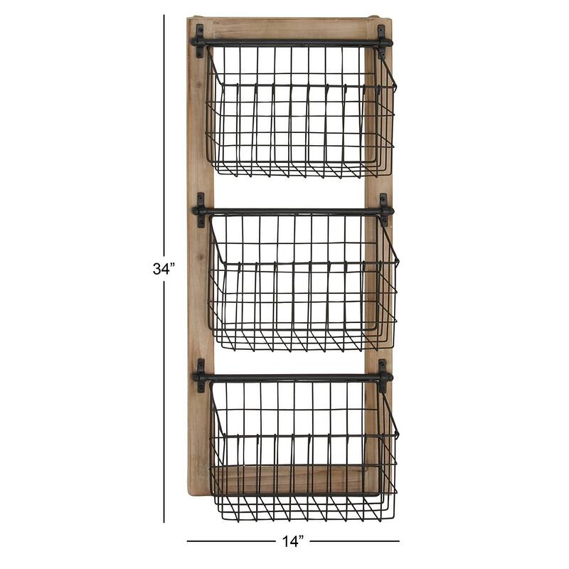 Black Metal 3 or 2 Slot Magazine Rack Holder with Wood Frame and Suspended Wire Baskets