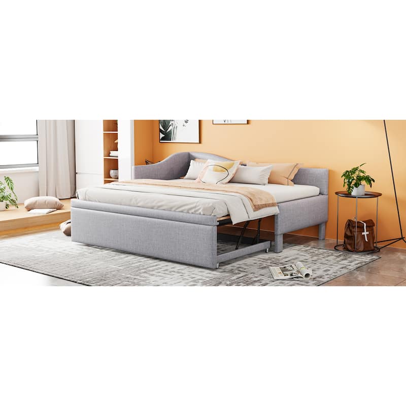 Roomfitters Twin Size Upholstered L-Shaped Daybed with Pop Up Trundle, Space Saving Fabric Sofa Bed Frame with Slats