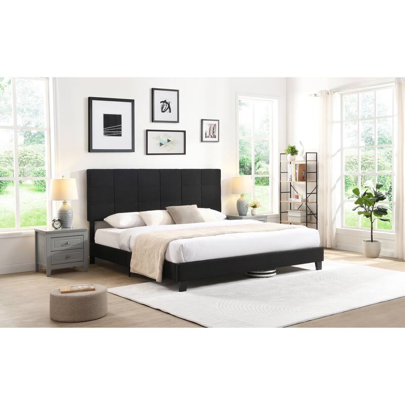 Black King Size Upholstered Bed with Linen Fabric Headboard